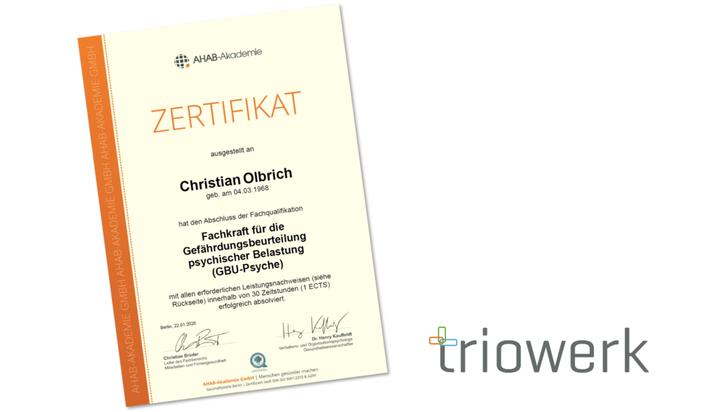 Abbildung des Zertifikats von Christian Olbrich zur Fachkraft für die Gefährdungsbeurteilung psychischer Belastung