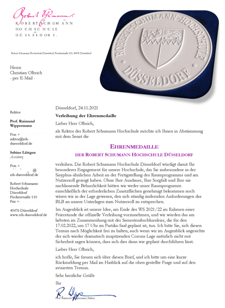 Brief des Rektors a. D. der RSH-Düsseldorf mit Darstellung einer Medaille